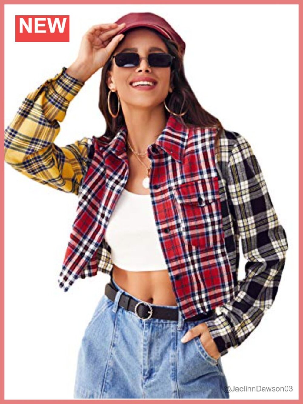 Color Block Plaid Button Down Crop Top Long Sleeve Casual Blouse